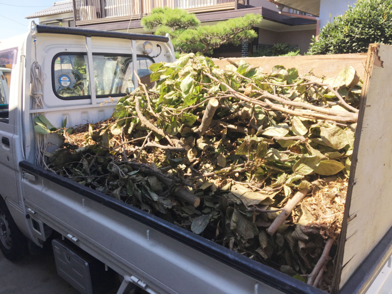 岐阜市の庭木伐採工事【車が入れないため、手作業で伐採と積み込み】